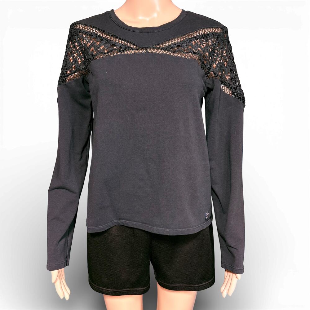 Superdry Womens Zariah Lace Panel Shirt Top Long Sleeve Pullover Black Size 6